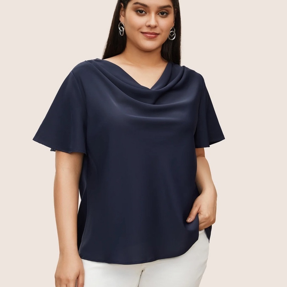 BloomChic Plain Cowl Neck Ruffle Sleeve Blouse